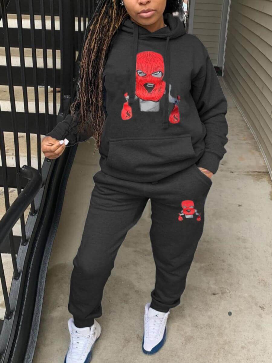 

Lovely Casual Hooded Collar Print Black Two Piece Pants Set