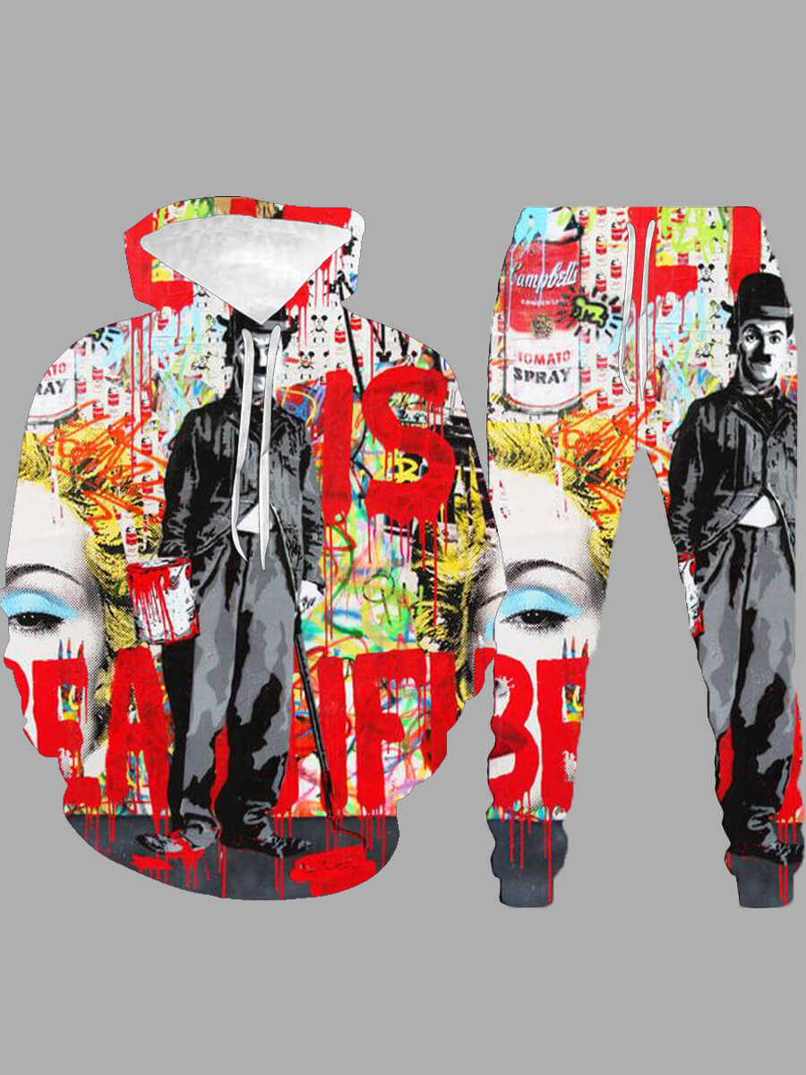 

Lovely Street Hooded Collar Letter Print Multicolor Men Two-piece Pants Set, Multi