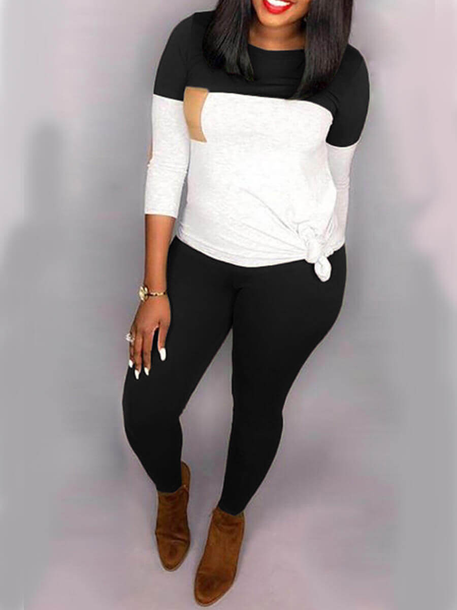 

Lovely Casual O Neck Patchwork Black Plus Size Two-piece Pants Set