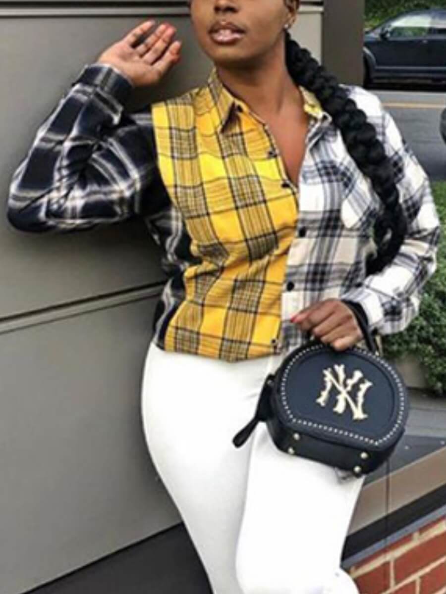 

Lovely Street Turndown Collar Grid Print Patchwork Yellow Blouse