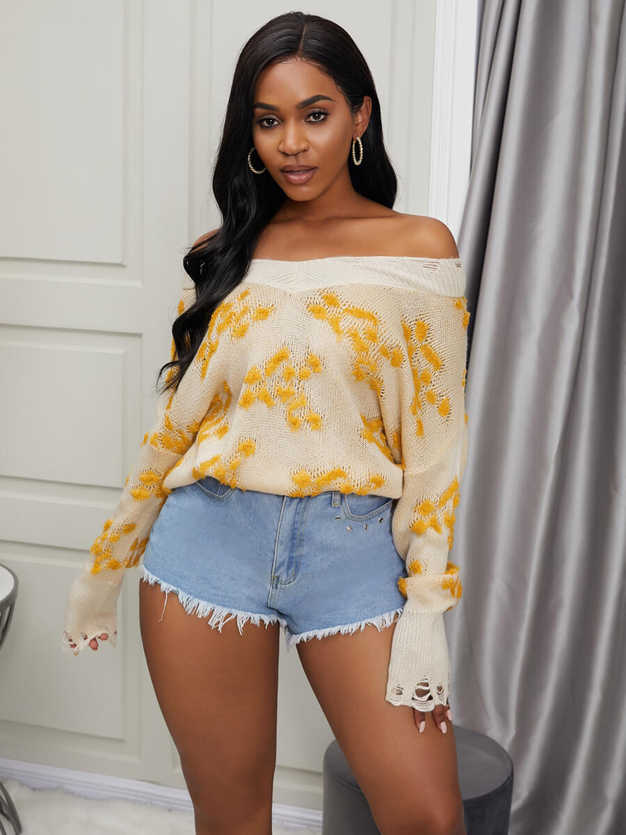 

Lovely Sweet Dropped Shoulde Print Loose Beige Sweater