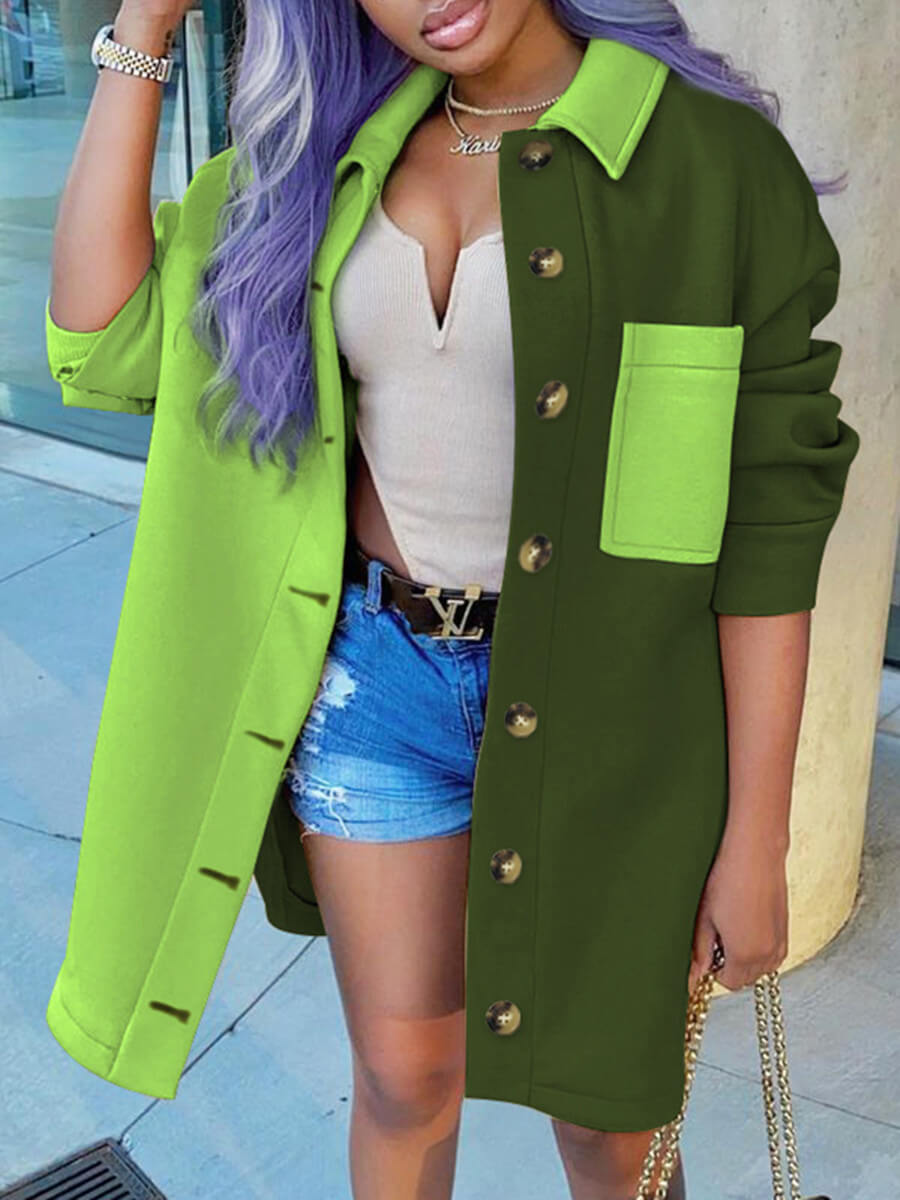 

Lovely Trendy Turndown Collar Patchwork Green Trench Coat