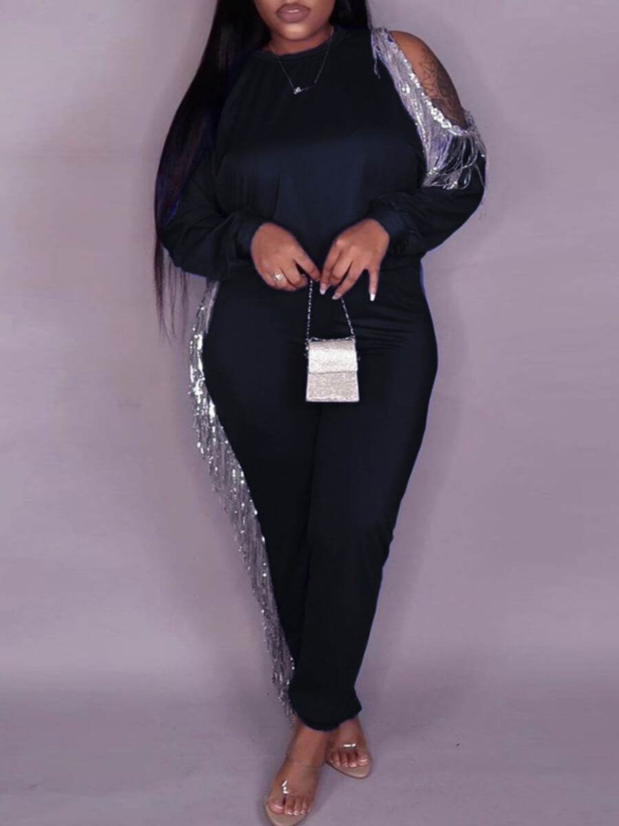 

Lovely Trendy Tassel Design Hollow-out Black Two Piece Pants Set