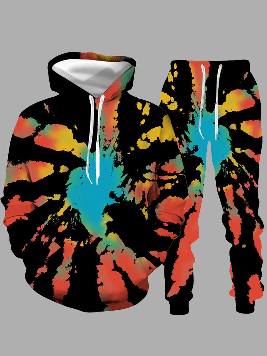 

Lovely Street Hooded Collar Tie-dye Black Men Two-piece Pants Set