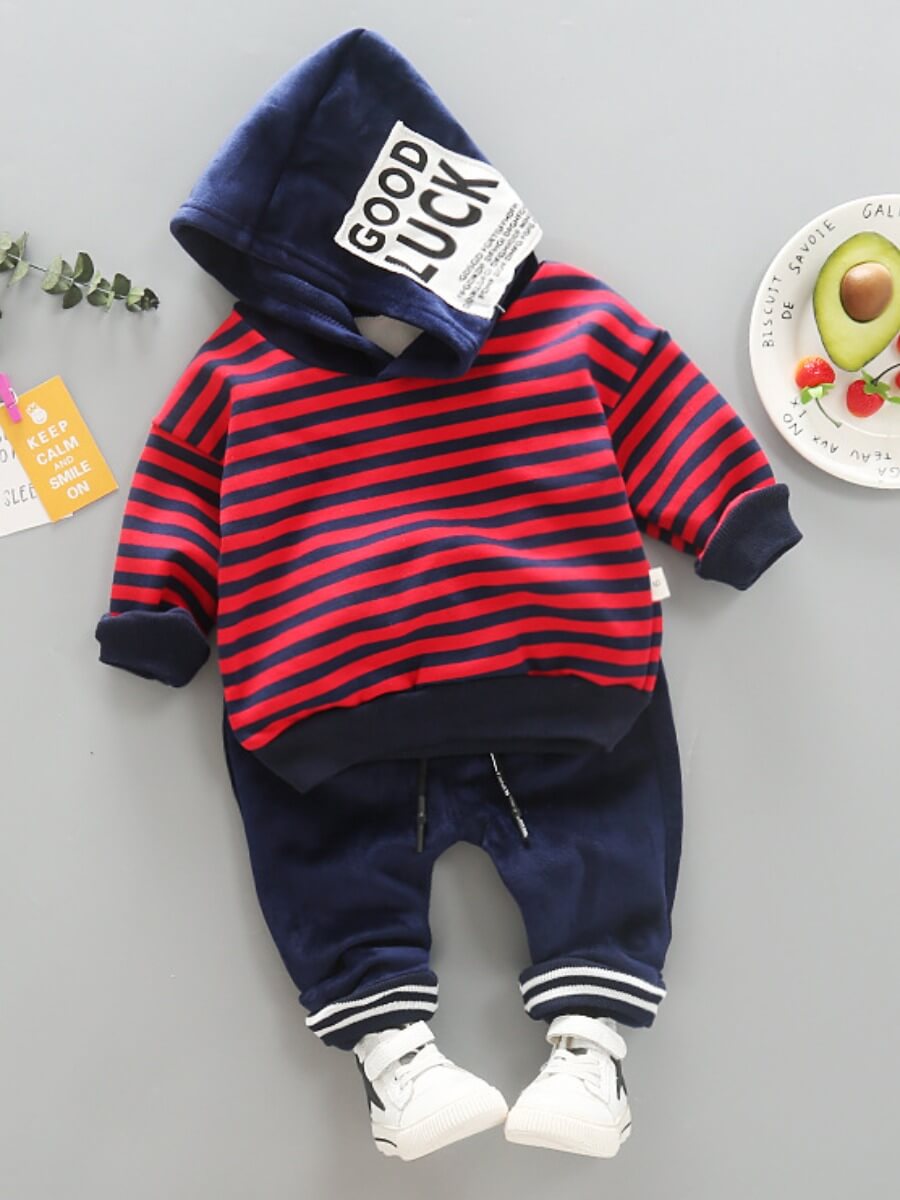 

Lovely Leisure Hooded Collar Striped Red Boy Two-piece Pants Set, Red stripe