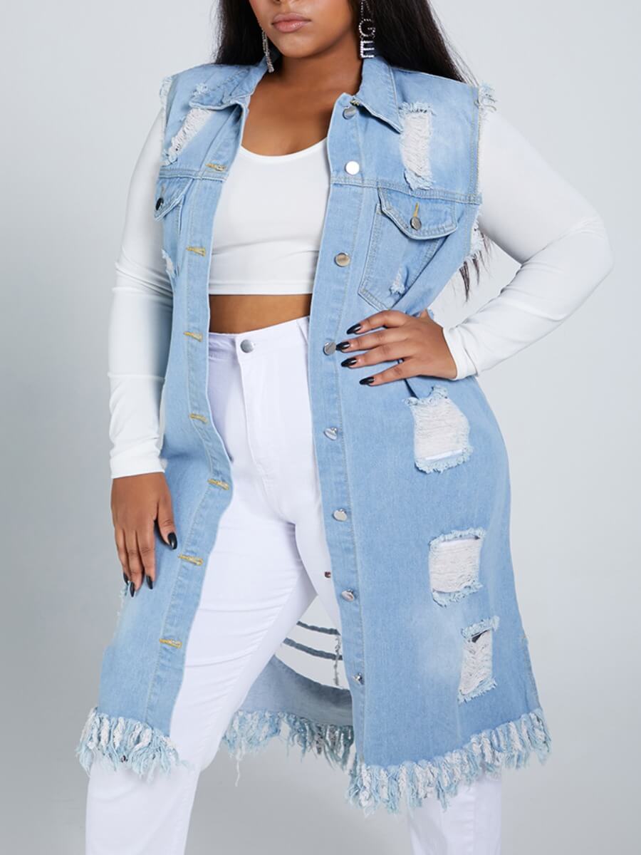 

Lovely Trendy Broken Holes Blue Plus Size Denim Jacket