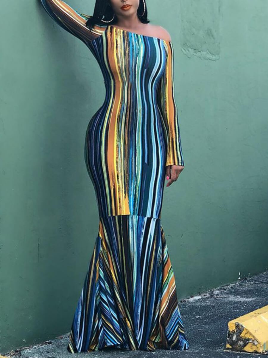 

Lovely Party Off The Shoulder Striped Print Blue Floor Length Dress, Multicolor mstn