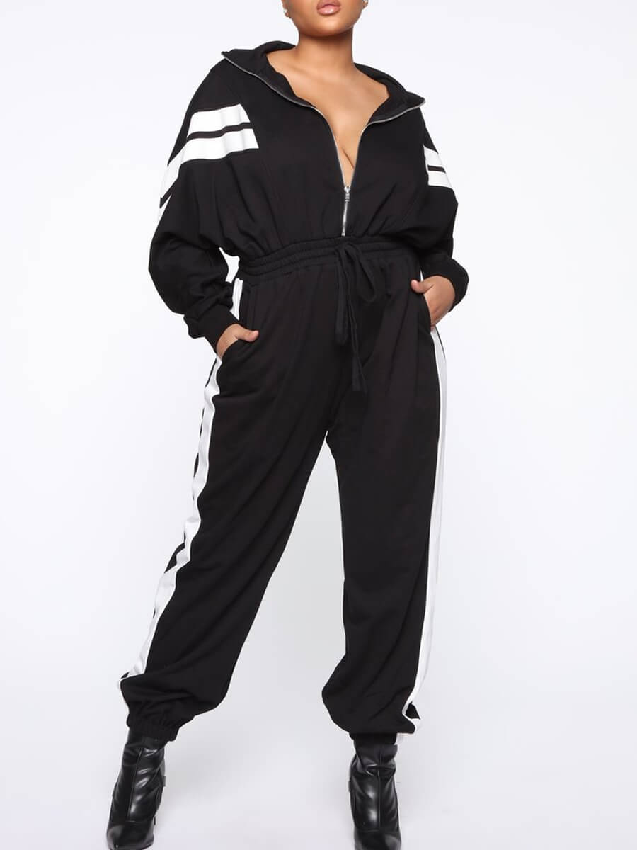 

Lovely Sportswear Turndown Collar Zipper Design Black One-piece Jumpsuit
