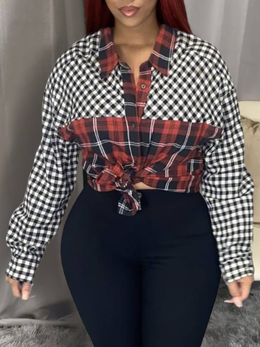 

LW Casual Plaid Print Patchwork Red Blouse