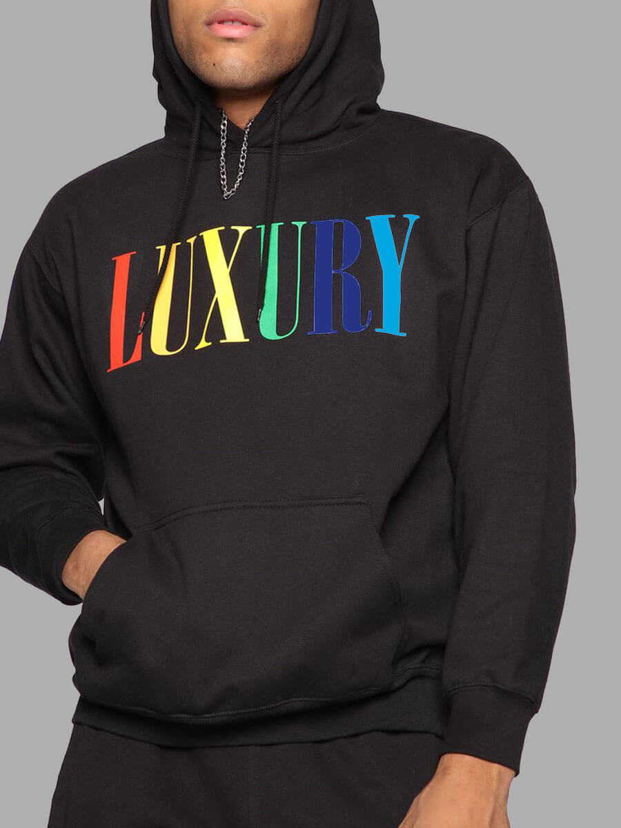 

LW Men Leisure Hooded Collar Letter Print Black Hoodie