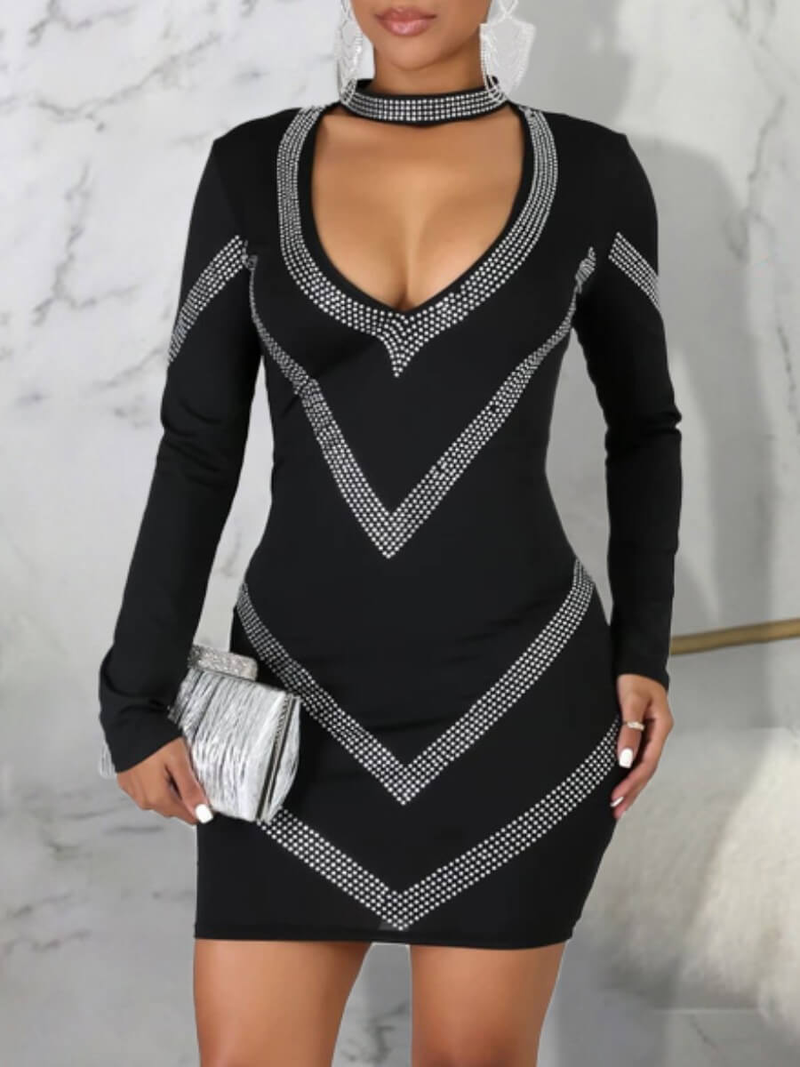 

Lovely Sexy Hollow-out Sequined Black Mini Dress