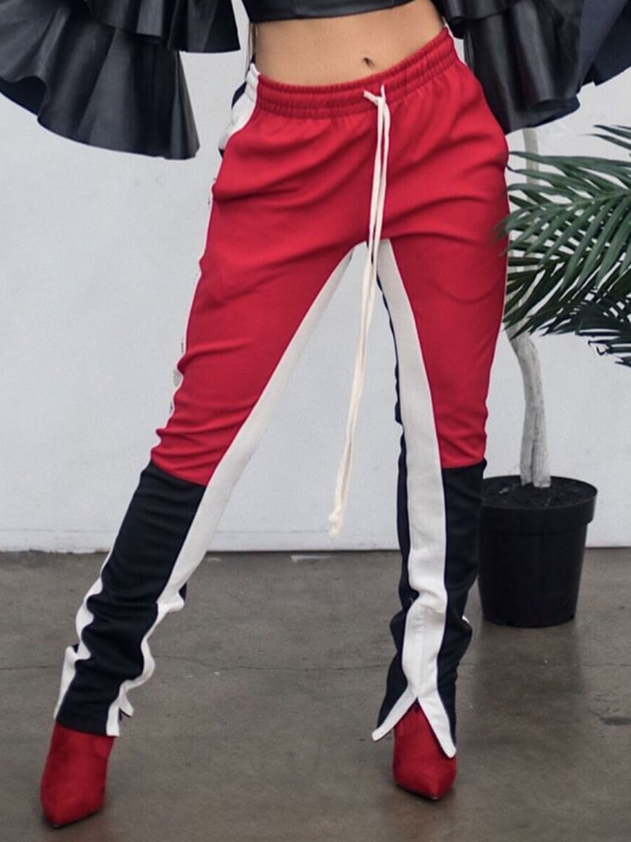 

Lovely Street Striped Patchwork Drawstring Red Pants