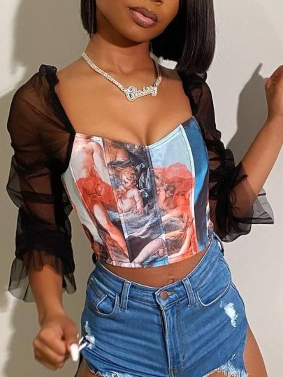 

Lovely Stylish Flare Sleeve Mesh Patchwork Print Black Blouse