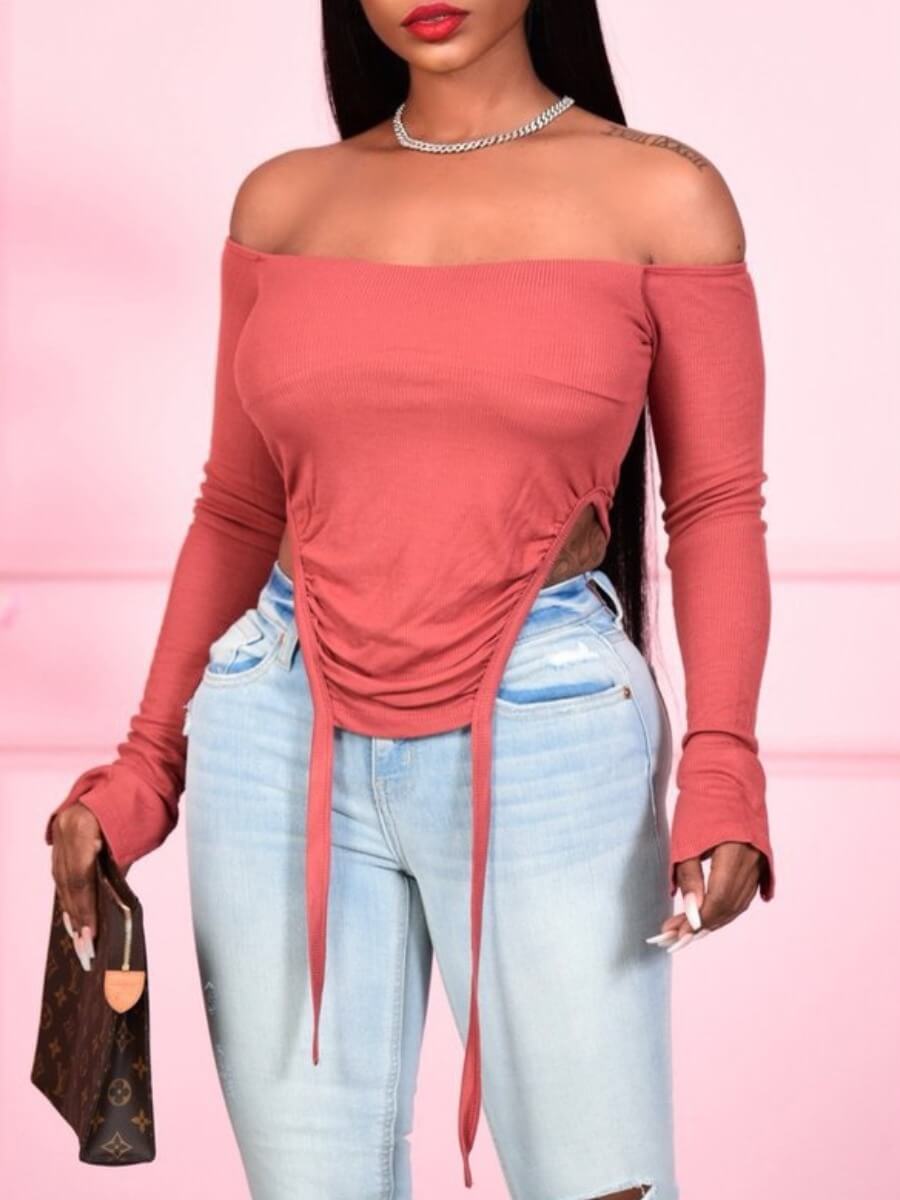 

Lovely Street Off The Shoulder Asymmetrical Pink T-shirt