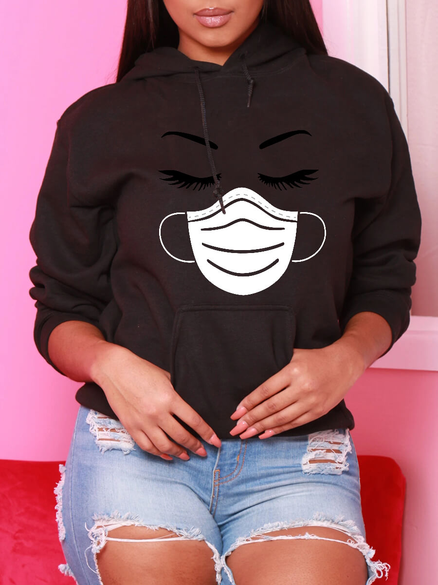 

Lovely Casual Kangaroo Pocket Print Black Hoodie