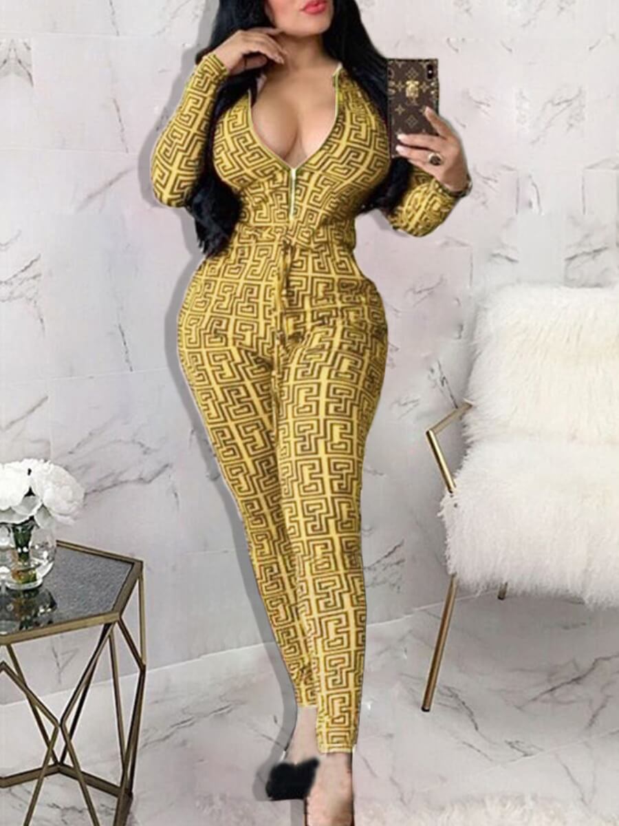 

Lovely Trendy Geometric Print Knot Design Yellow One-piece Jumpsuit