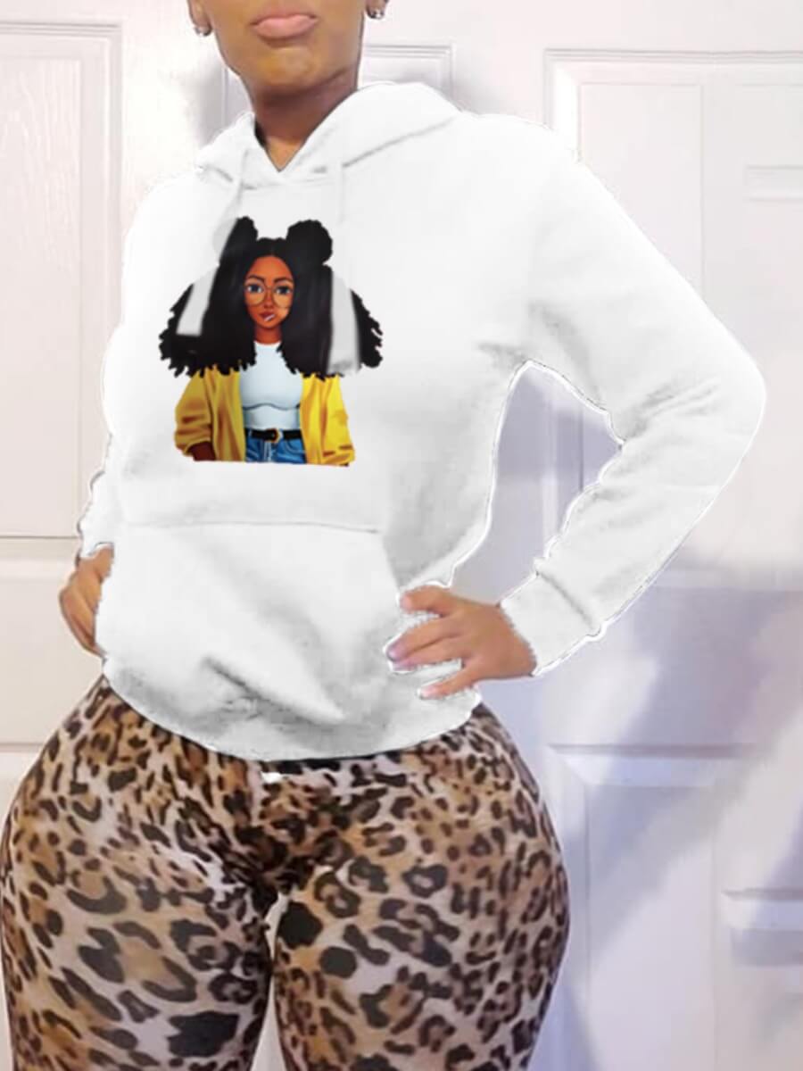 

Lovely Casual Portrait Print Kangaroo Pocket White Hoodie