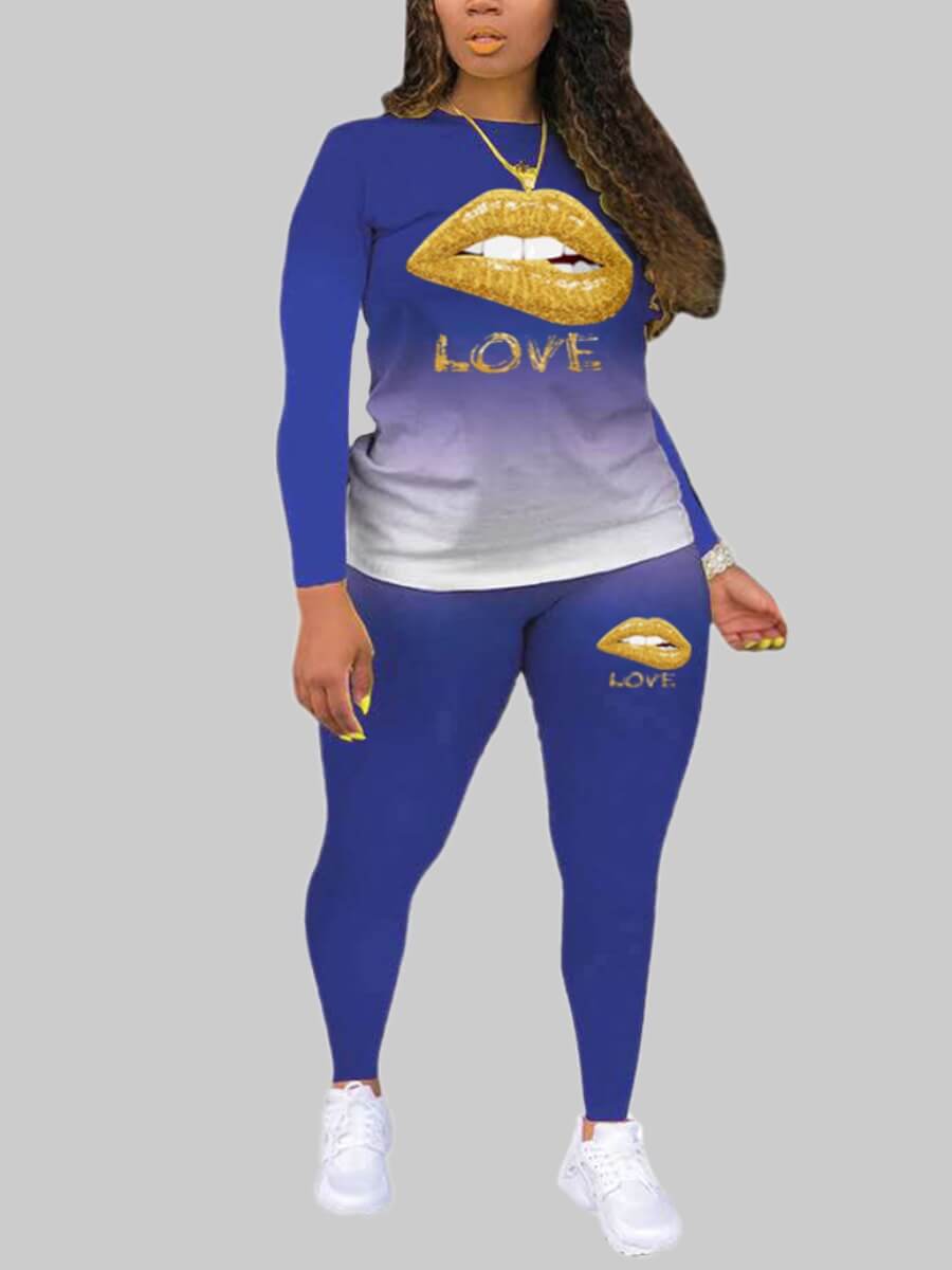 

Lovely Casual Lip Print Blue Plus Size Two-piece Pants Set