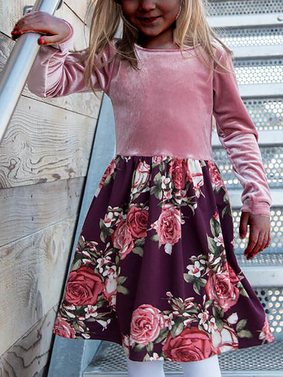 

Lovely Trendy O Neck Floral Print Patchwork Pink Girl Knee Length Dress