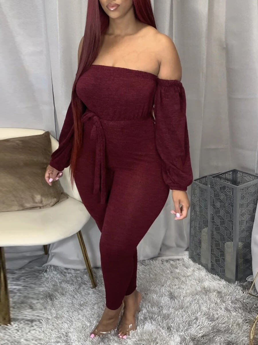 

Lovely Trendy Dew Shoulder Wine Red Plus Size One-piece Jumpsuit