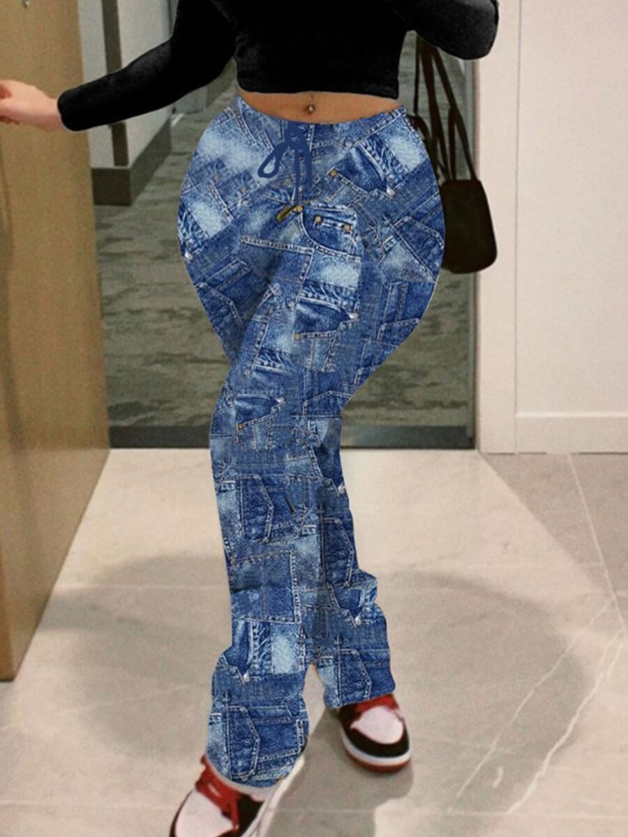 

Lovely Casual Print Drawstring Blue Pants