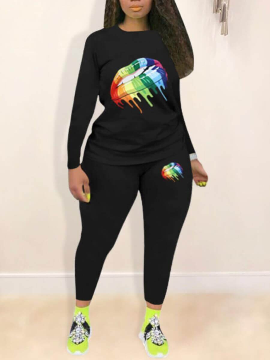 

Lovely Casual Lip Print Black Plus Size Two-piece Pants Set