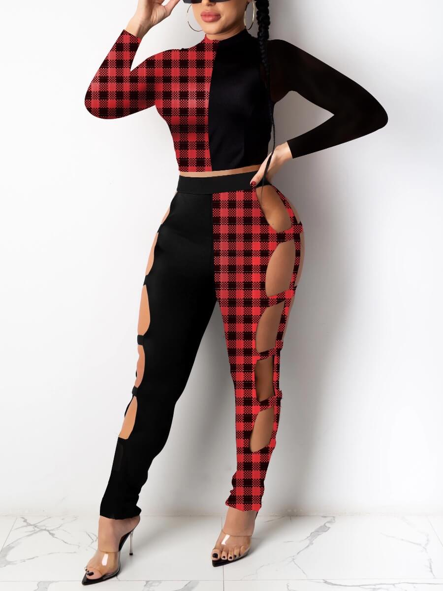 

Lovely Sexy Plaid Print Patchwork Hollow-out Red And Black Check Two Piece Pants Set