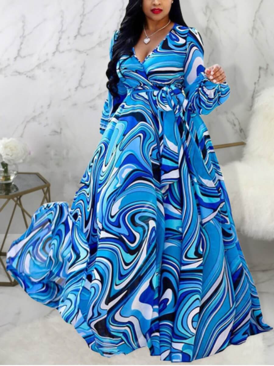 

Lovely Trendy V Neck Striped Print Blue Maxi Plus Size Dress