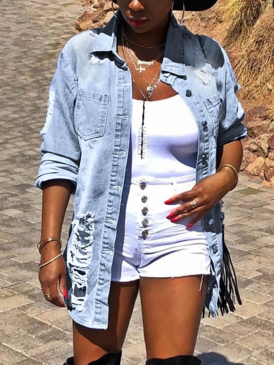 

Lovely Street Turndown Collar Broken Holes Baby Blue Denim Jacket