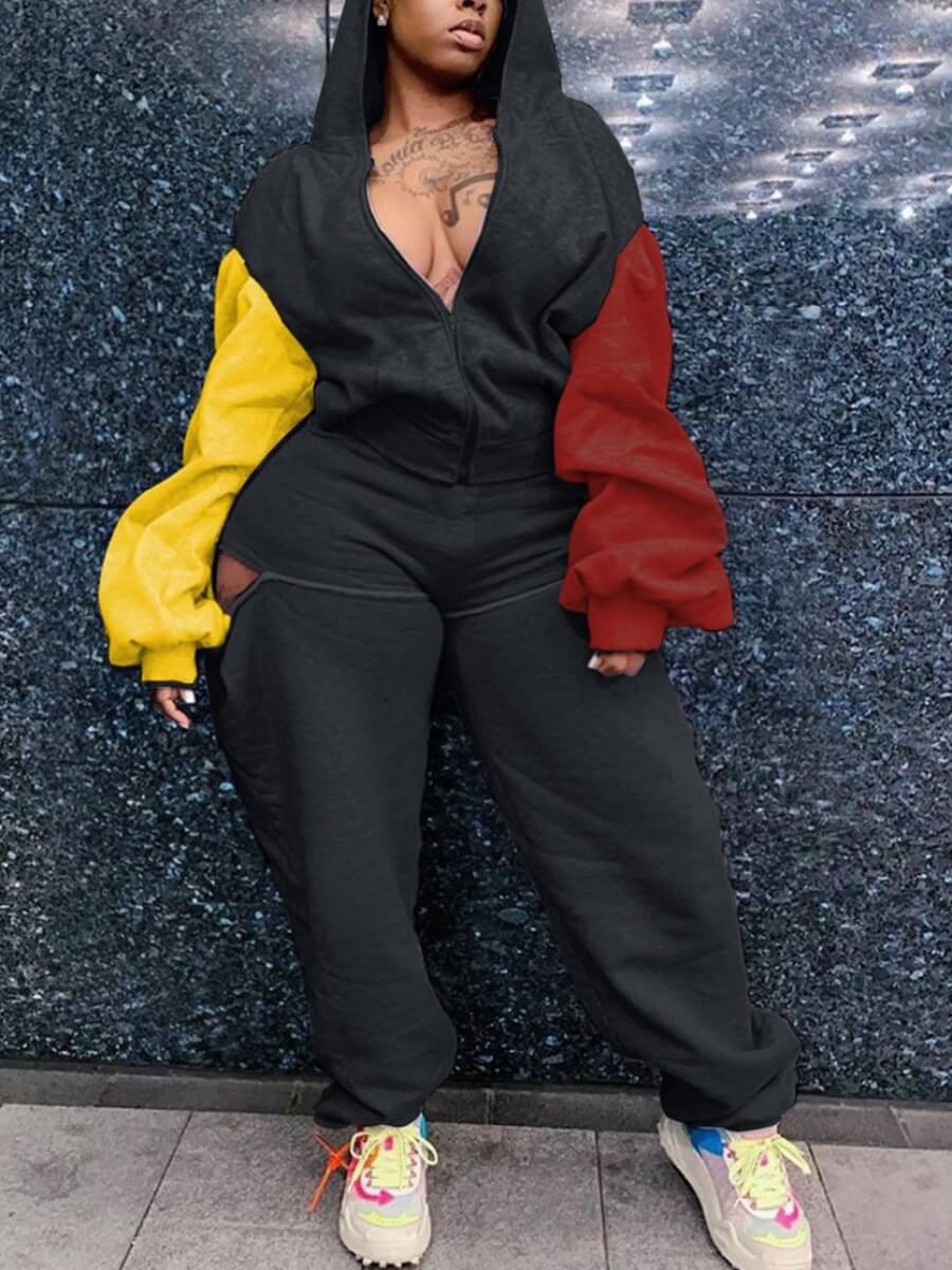 

Lovely Sportswear Hooded Collar Patchwork Black Two Piece Pants Set