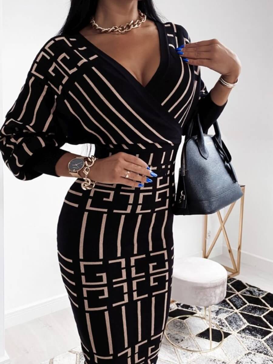 

Lovely Stylish Geometric Print Cross-over Design Black Knee Length Dress