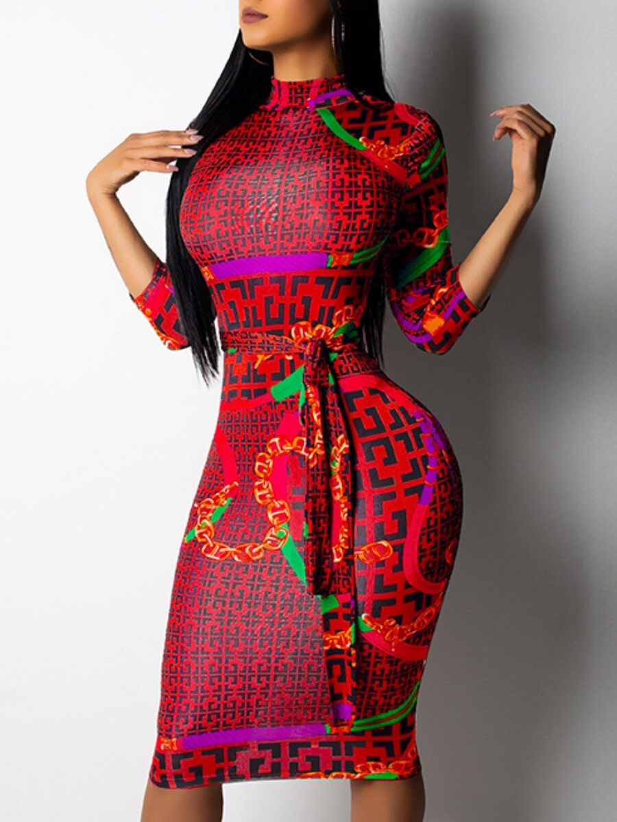 

Lovely Trendy Half A Turtleneck Print Patchwork Red Knee Length Dress