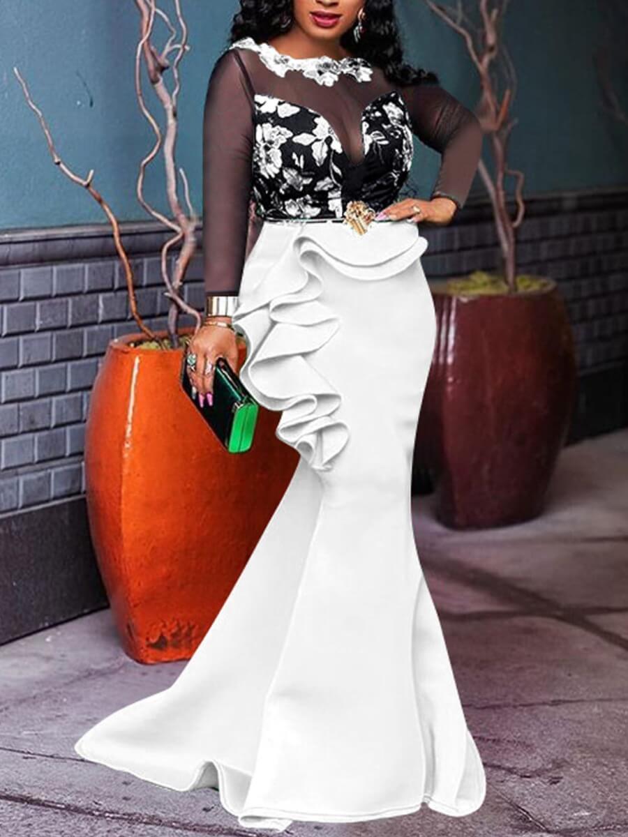 

Lovely Sexy Flounce Mesh Patchwork White Floor Length Evening Dress