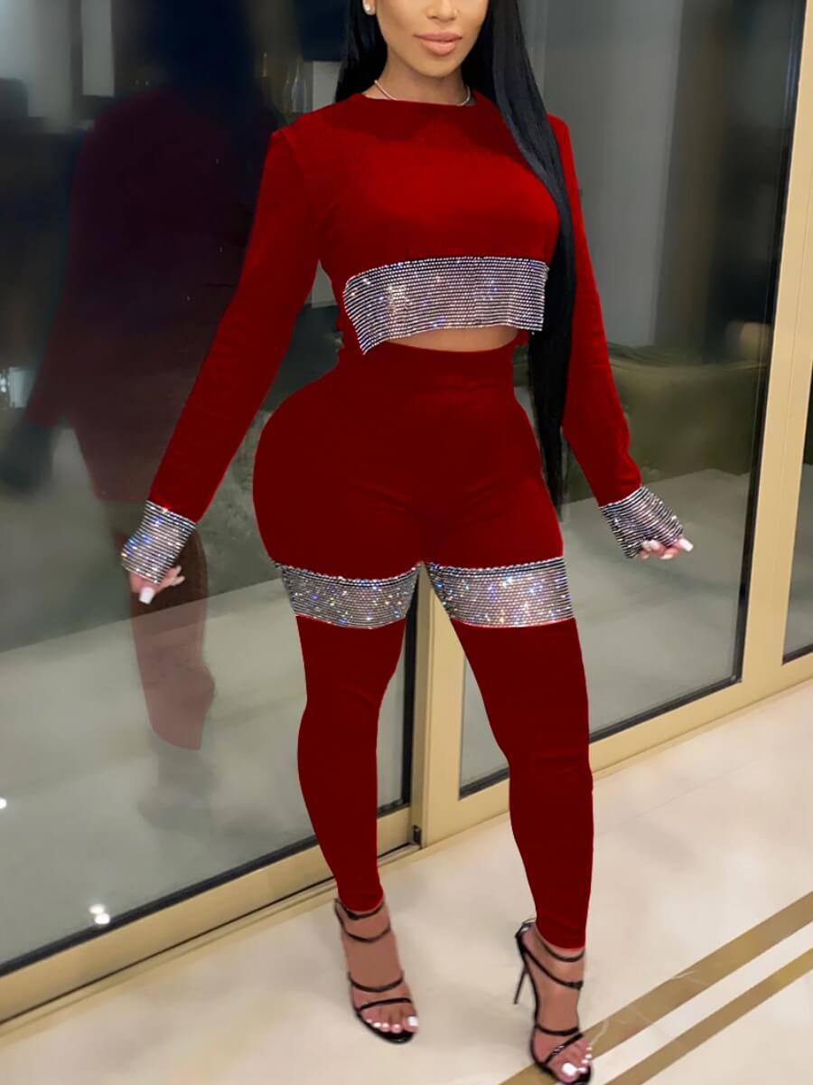

LW SXY Sequined Patchwork Pants Set, Purplish red