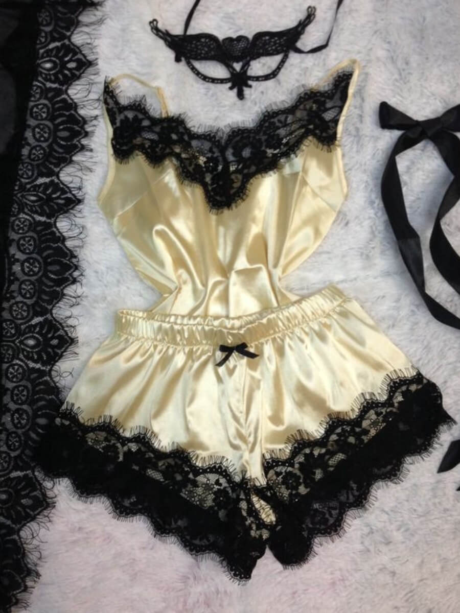 

Lovely Sexy Spaghetti Strap Lace Patchwork Yellow Sleepwear