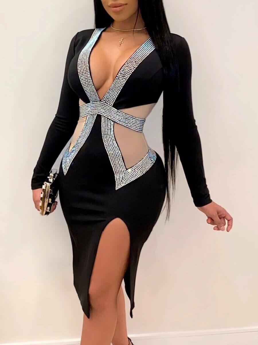 

LW SXY Side Slit Mesh Patchwork Black Knee Length Evening Dress