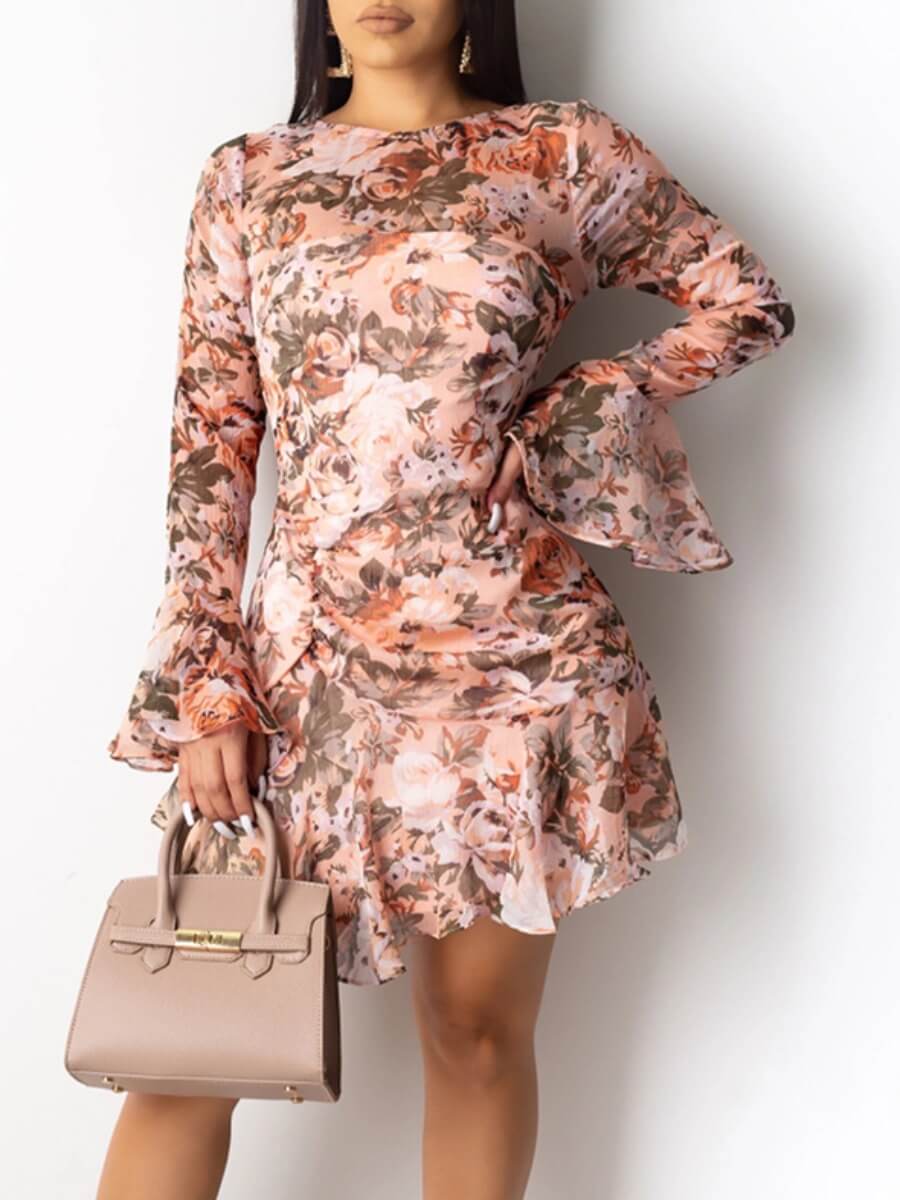 

Lovely Sweet Flared Print Patchwork Pink Mini Dress