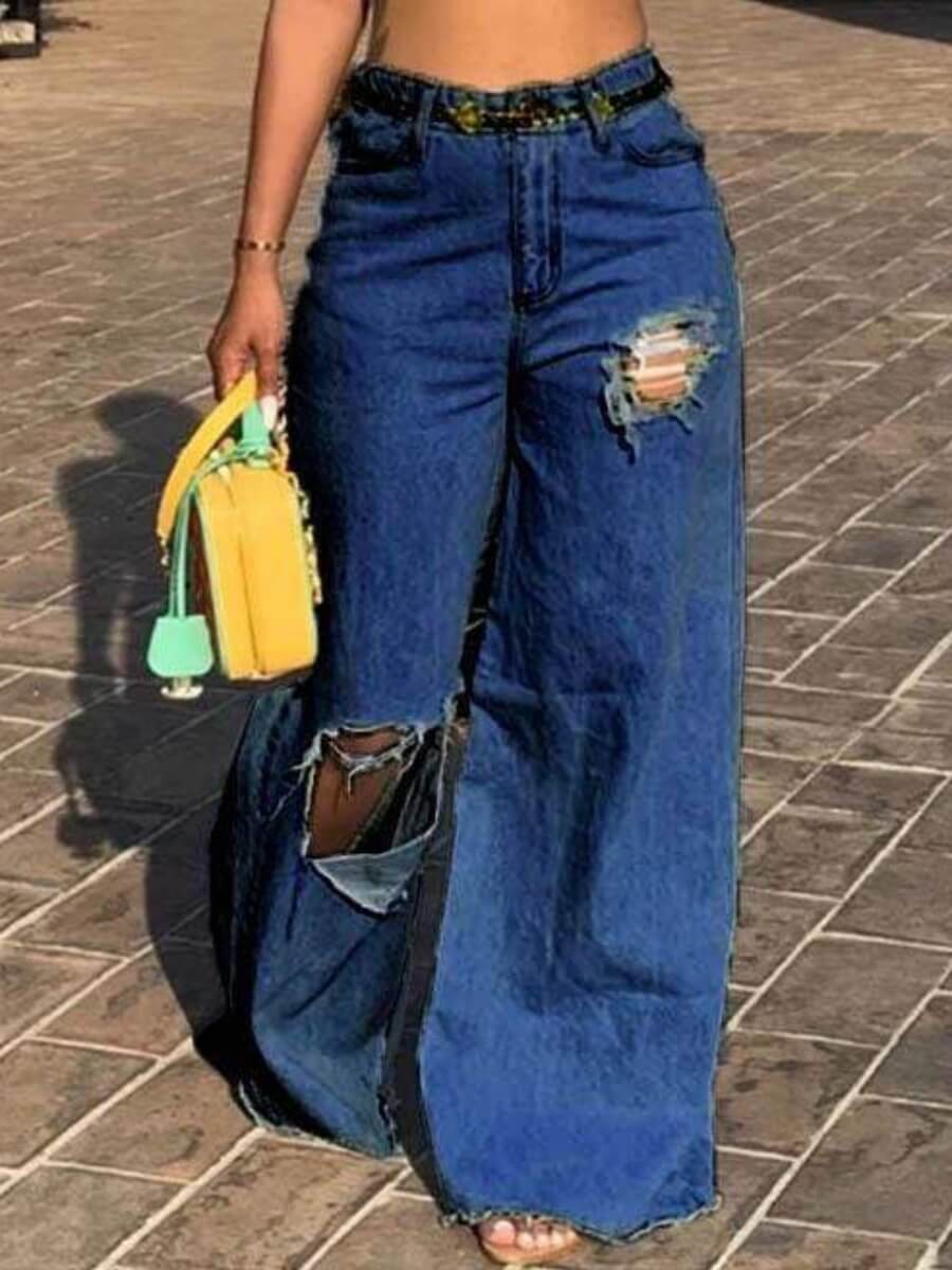 

Lovely Street Hollow-out Deep Blue Plus Size Jeans