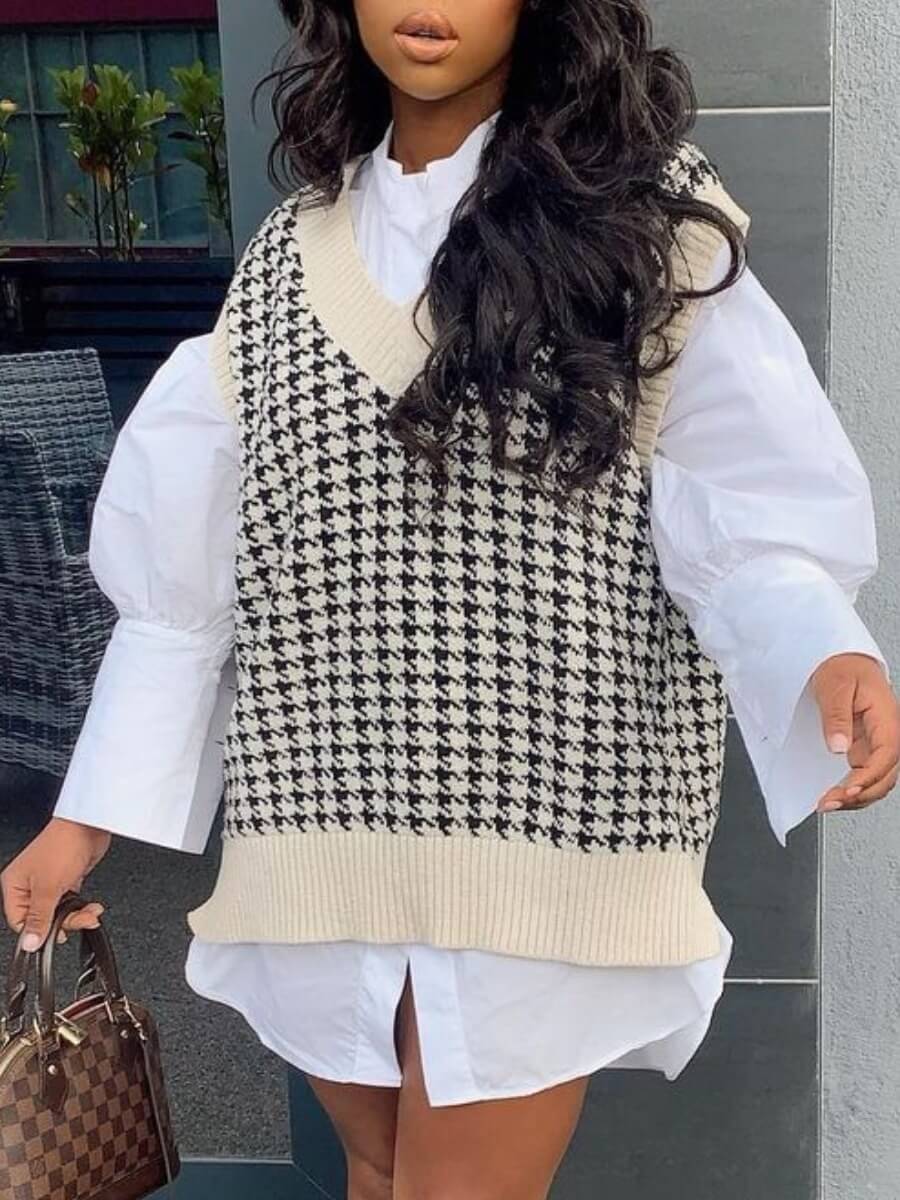 

Lovely Street Plaid Patchwork Loose Black Mini Shirt Dress