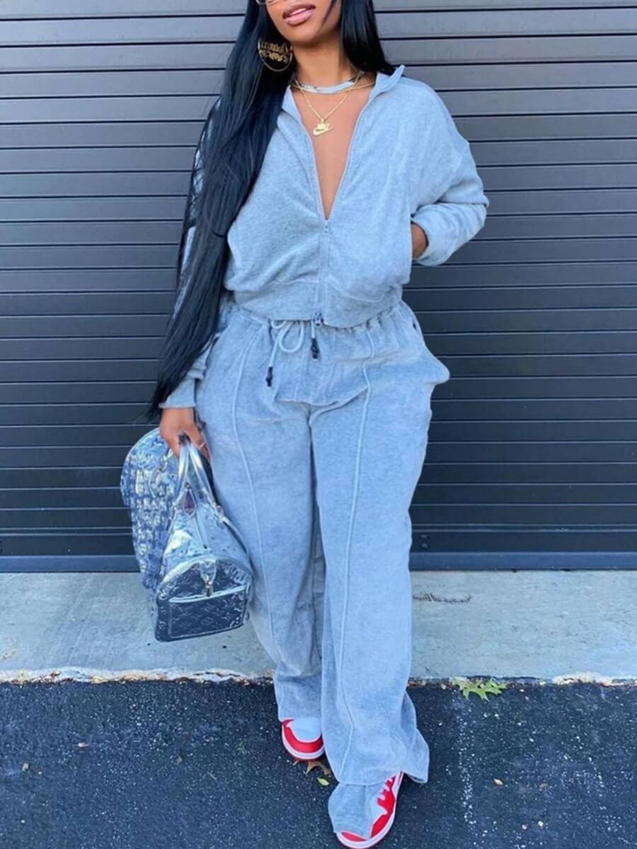 

Lovely Leisure Turndown Collar Zipper Design Drawstring Grey Plus Size Two-piece Pants Set