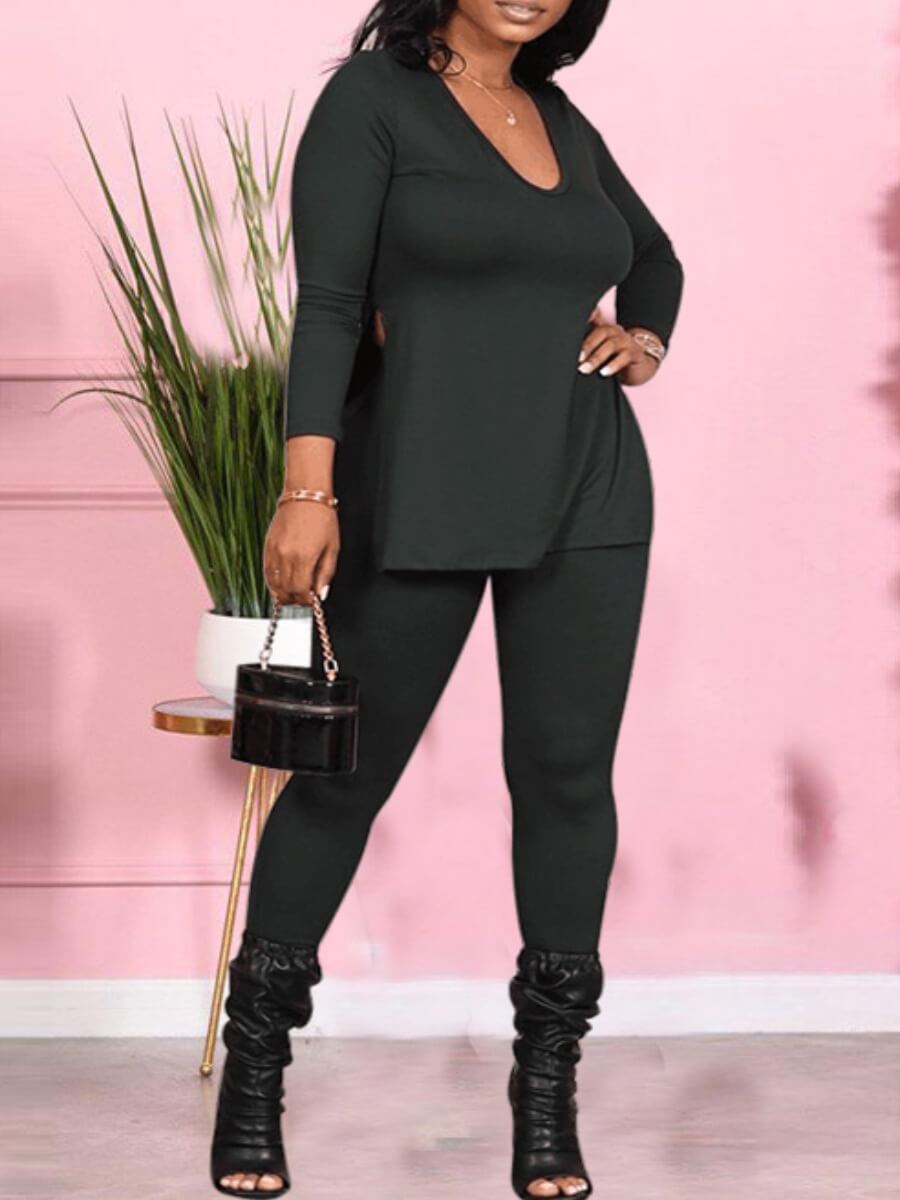 

Lovely Casual V Neck Side Slit Black Two Piece Pants Set