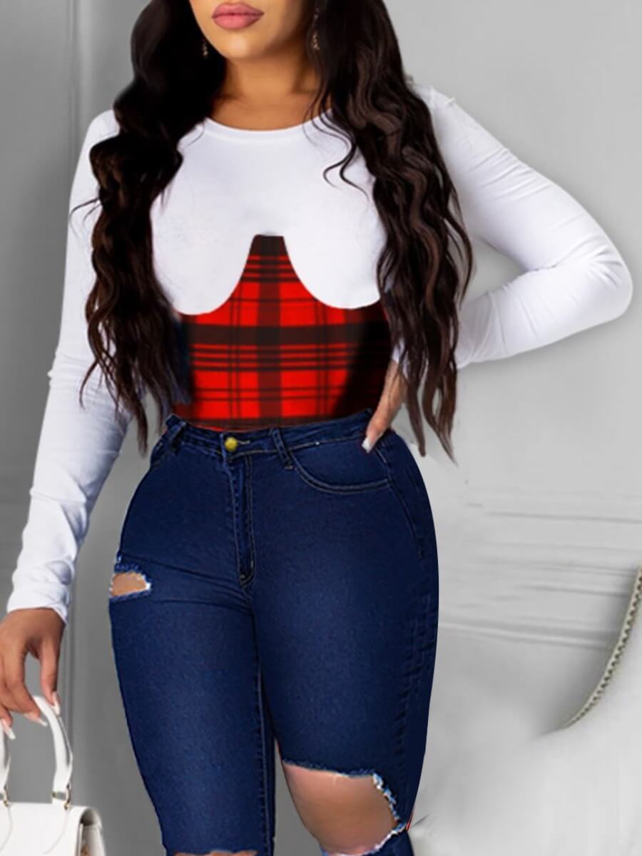

Lovely Sweet Plaid Print Patchwork Red T-shirt