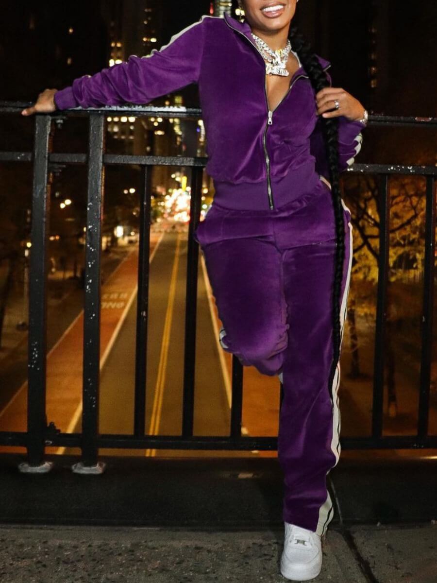 

Lovely Sportswear Striped Patchwork Purple Two Piece Pants Set