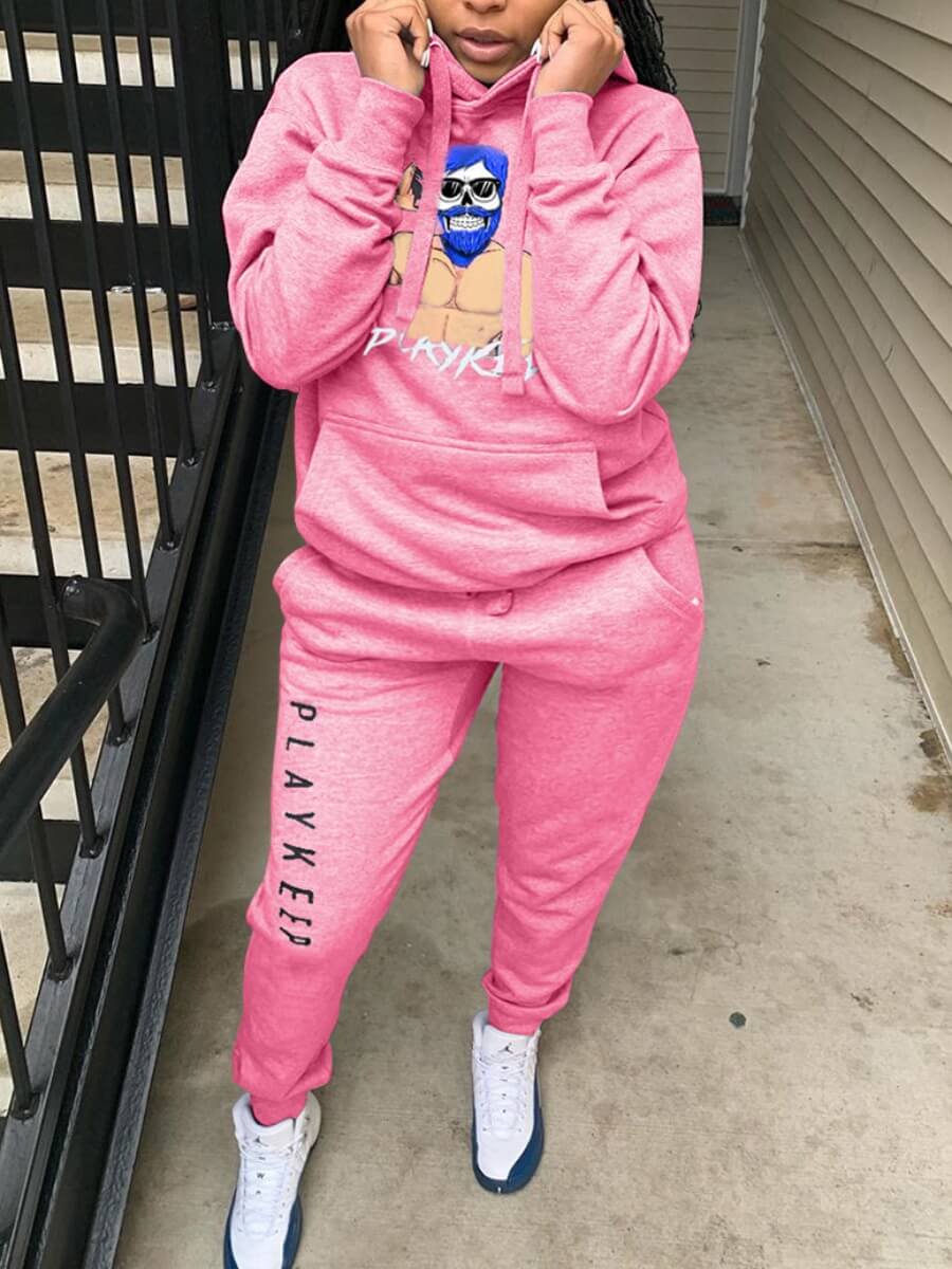 

Lovely Sportswear Hooded Collar Print Pink Plus Size Two-piece Pants Set