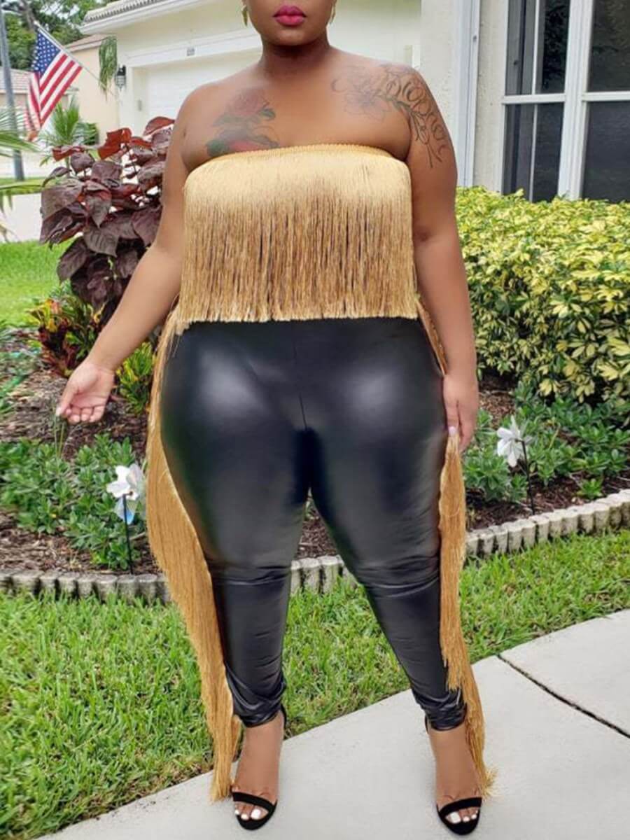 

Lovely Sexy Dew Shoulder Tassel Design Black Plus Size Two-piece Pants Set