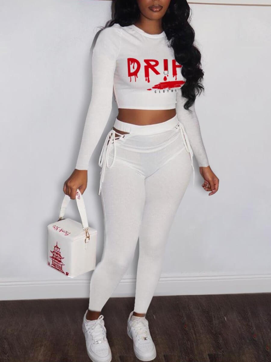 

Lovely Casual Letter Print Lace-up Hollow-out White Two Piece Pants Set