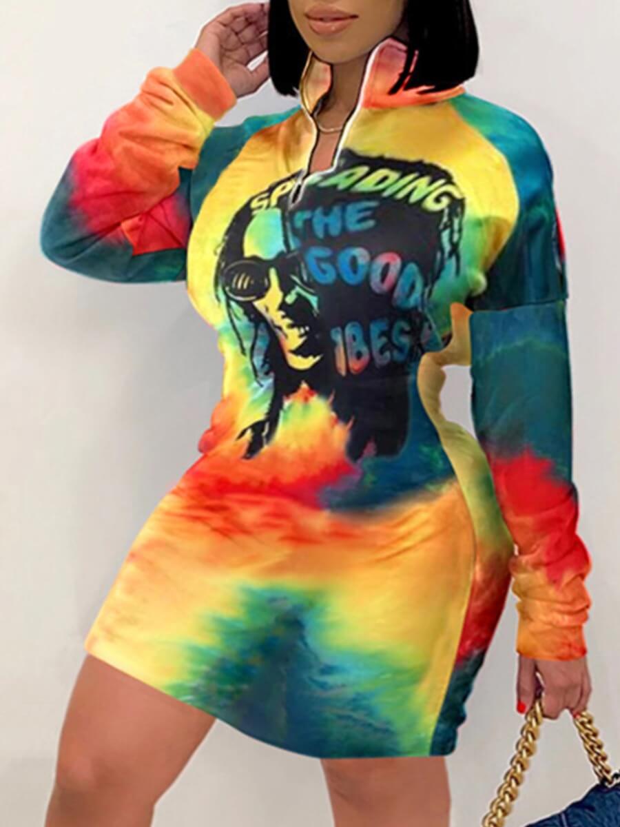 

LW BASICS Plus Size Trendy Mandarin Collar Tie-dye Multicolor Knee Length Dress, Multi