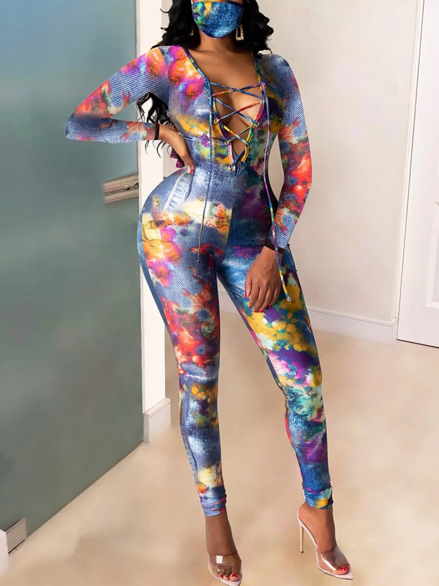 

LW Sexy Tie-dye Print Hollow-out Blue One-piece Jumpsuit