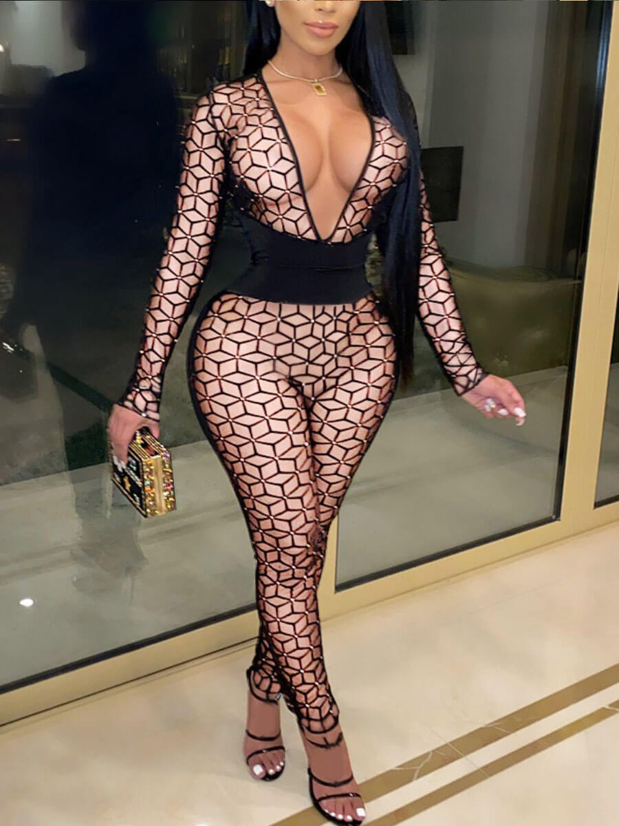

Lovely Sexy Deep V Neck Geometric Print Patchwork Black One-piece Jumpsuit