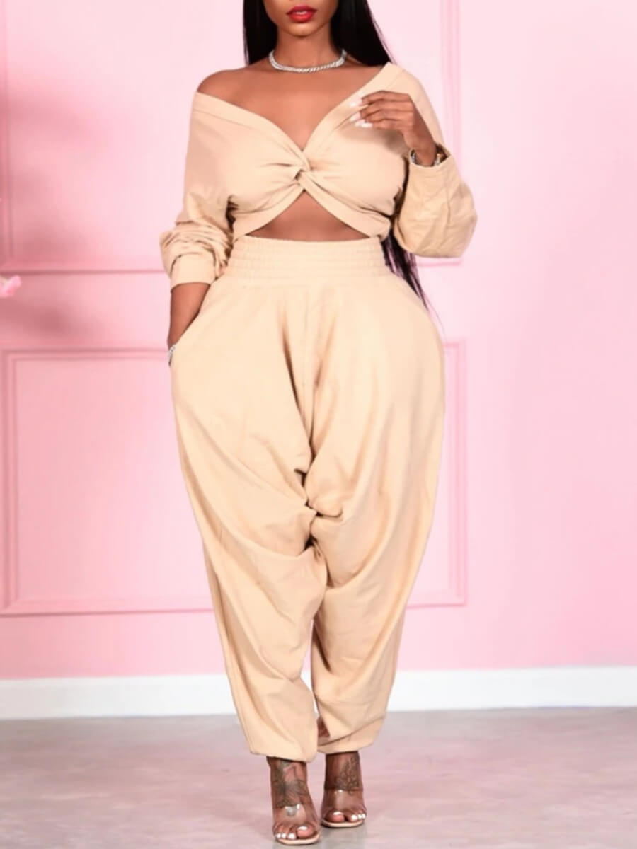 

Lovely Trendy V Neck Knot Design Apricot Plus Size Two-piece Pants Set